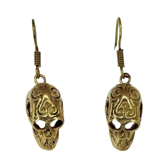 Vintage Gold-Tone Skull Dangle Earrings 1" Rock Punk Skully Goth Halloween - Picture 2 of 9